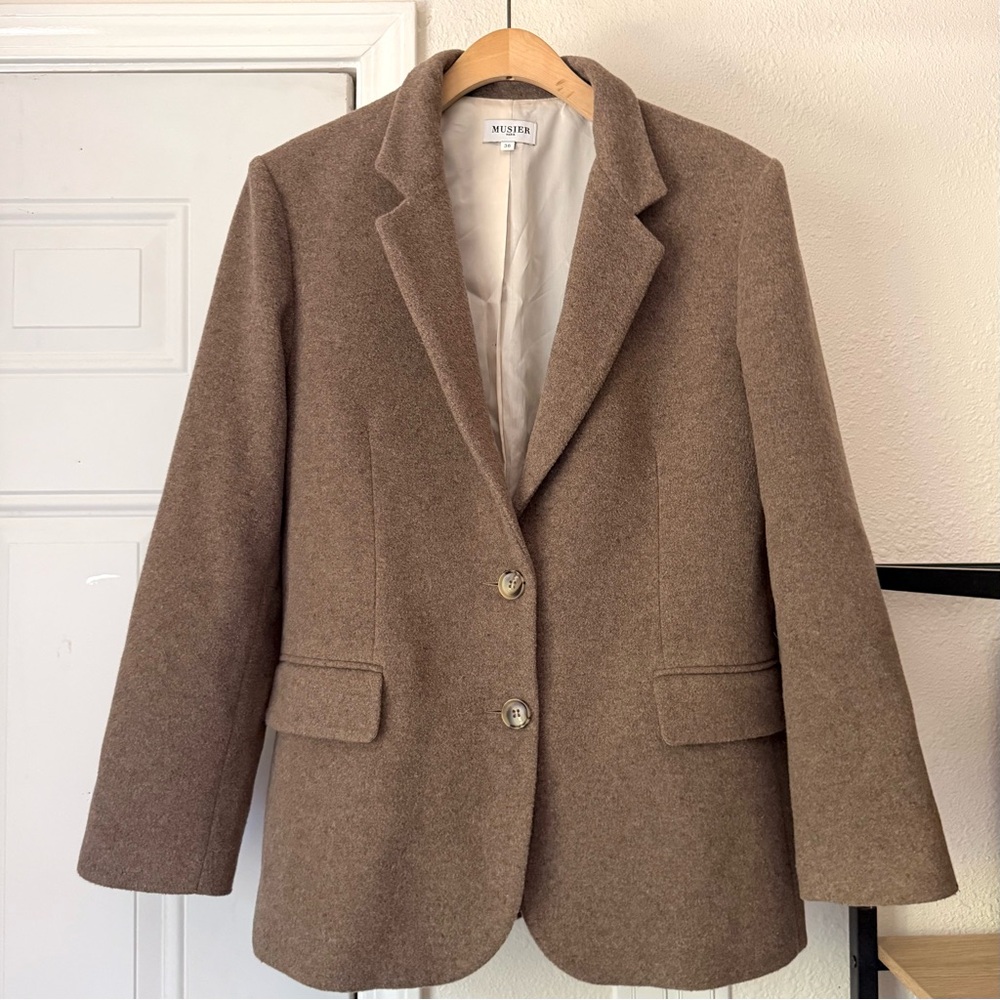 MUSIER Paris tan brown wool cashmere blend two button up blazer jacket coat‎
